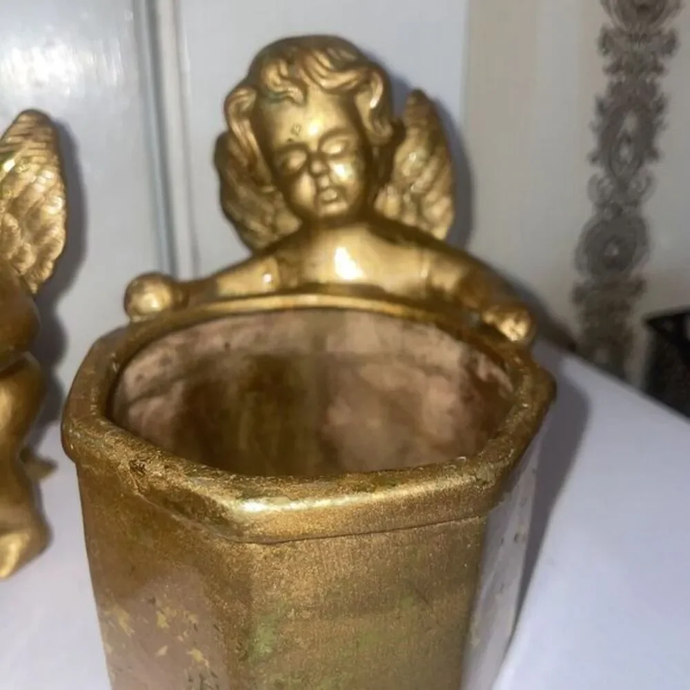 Two Cherub Planters‎ Candle Holders Gold Color Ceramic Composition